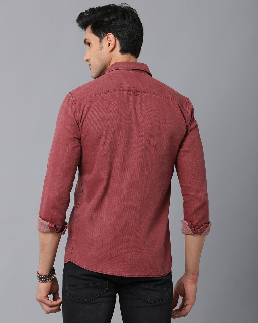 VOI Jeans Men's Solid Maroon Cotton Slim Fit Casual Shirt