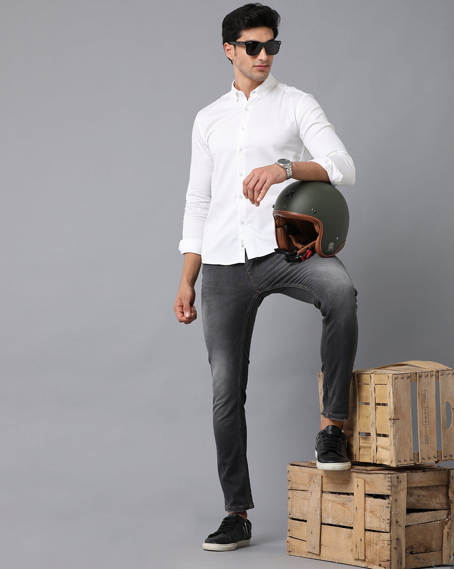VOI Jeans Men's Solid White Cotton Slim Fit Spread Collar Casual Shirt