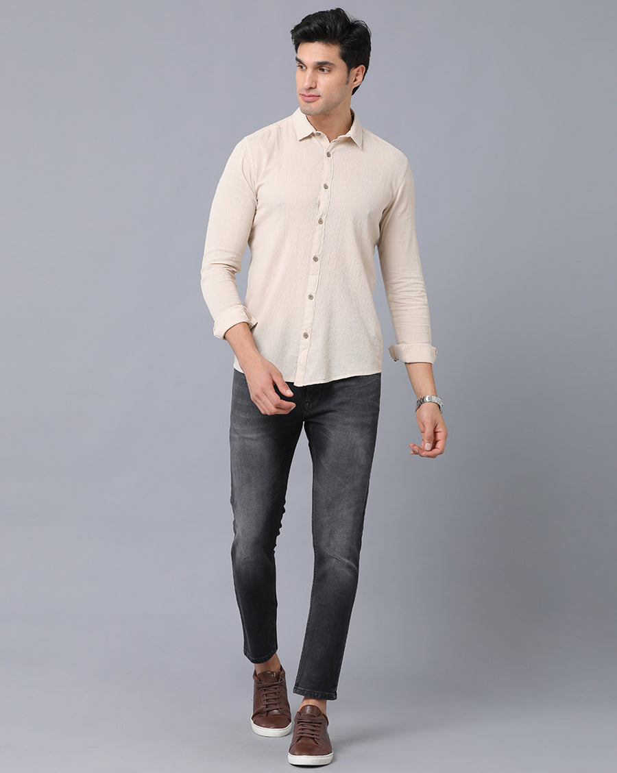 VOI Jeans Men's Solid Beige Cotton Slim Fit Casual Shirt