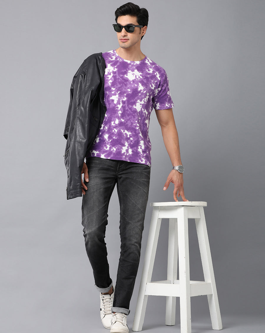 VOI Jeans Men's Tie Dye Print Plum Cotton Waffle Structured Round Neck T-Shirt