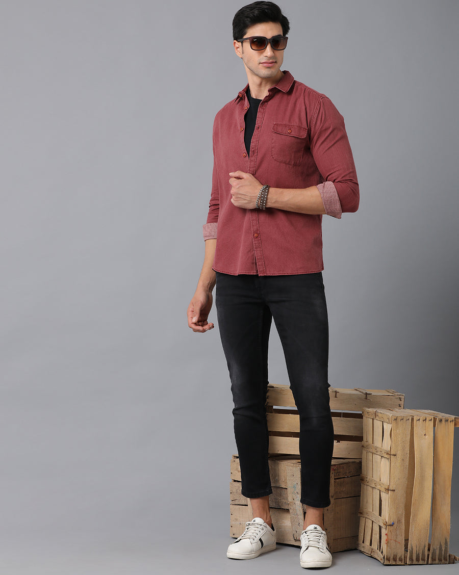 VOI Jeans Men's Solid Maroon Cotton Slim Fit Casual Shirt
