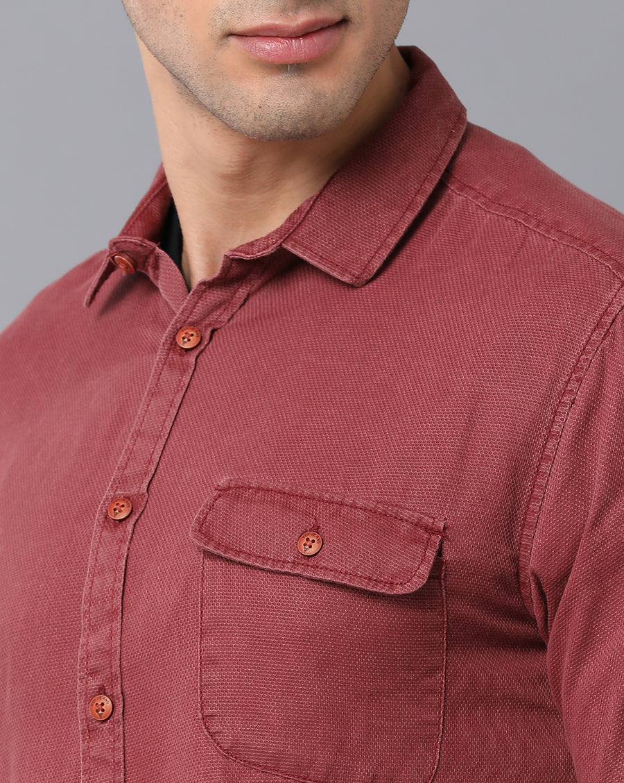 VOI Jeans Men's Solid Maroon Cotton Slim Fit Casual Shirt