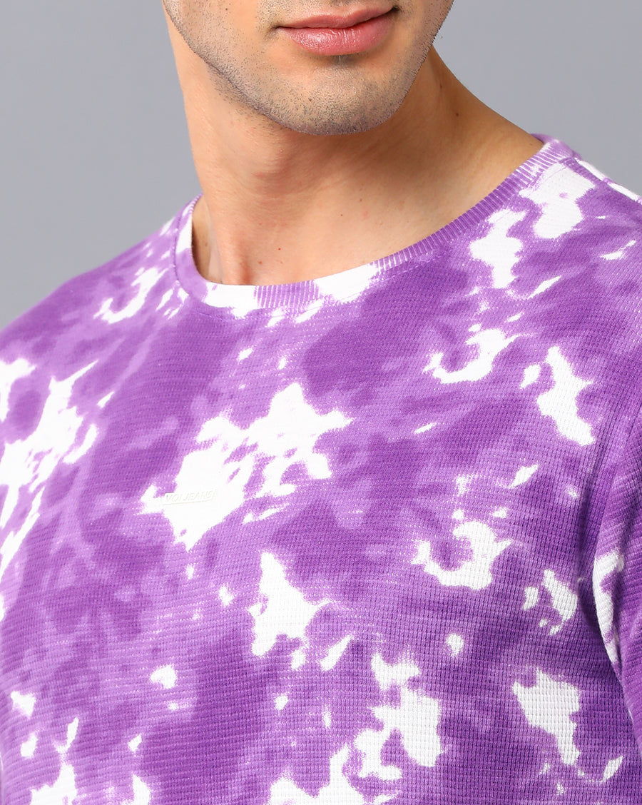 VOI Jeans Men's Tie Dye Print Plum Cotton Waffle Structured Round Neck T-Shirt
