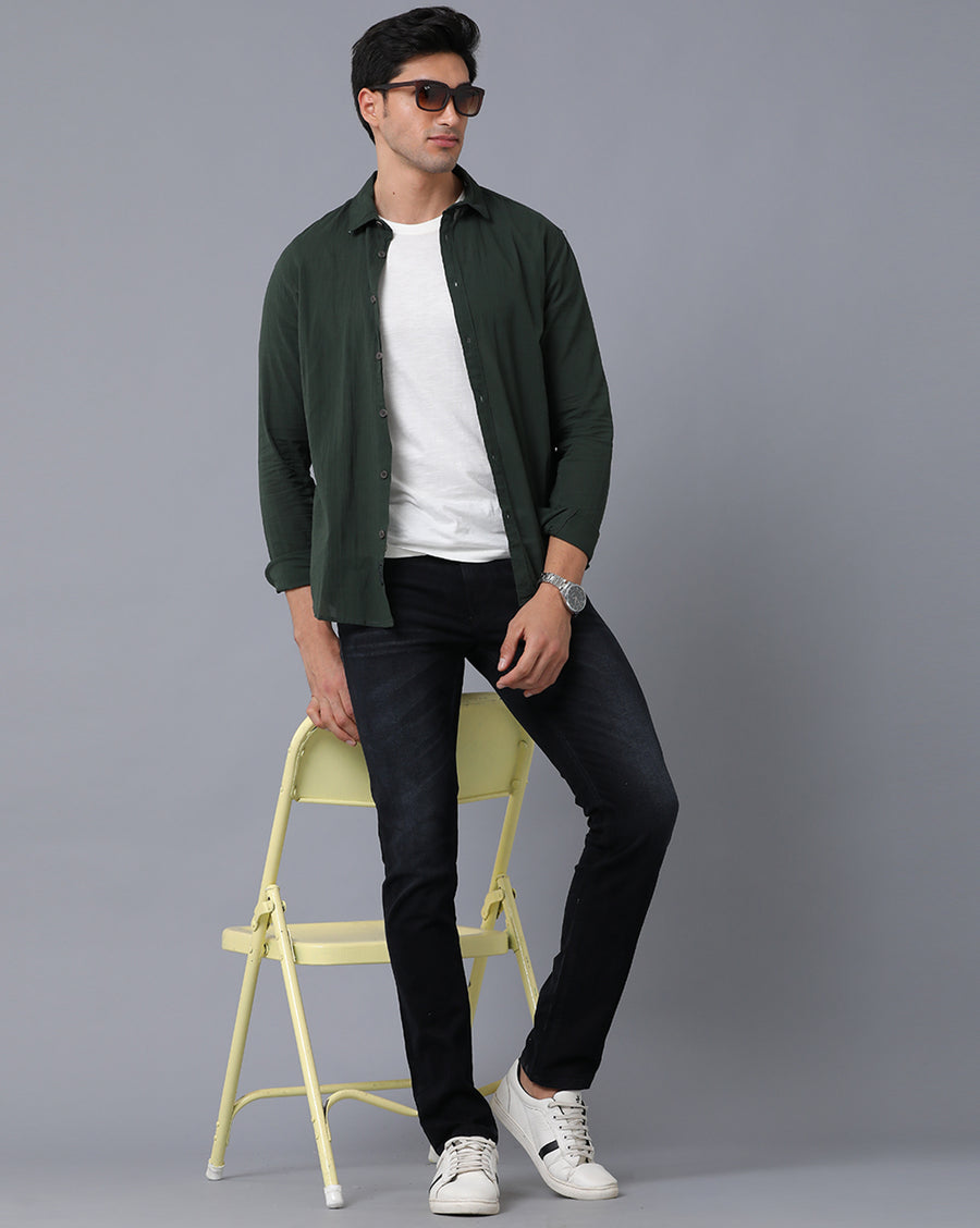 VOI Jeans Men's Solid Green Cotton Slim Fit Casual Shirt