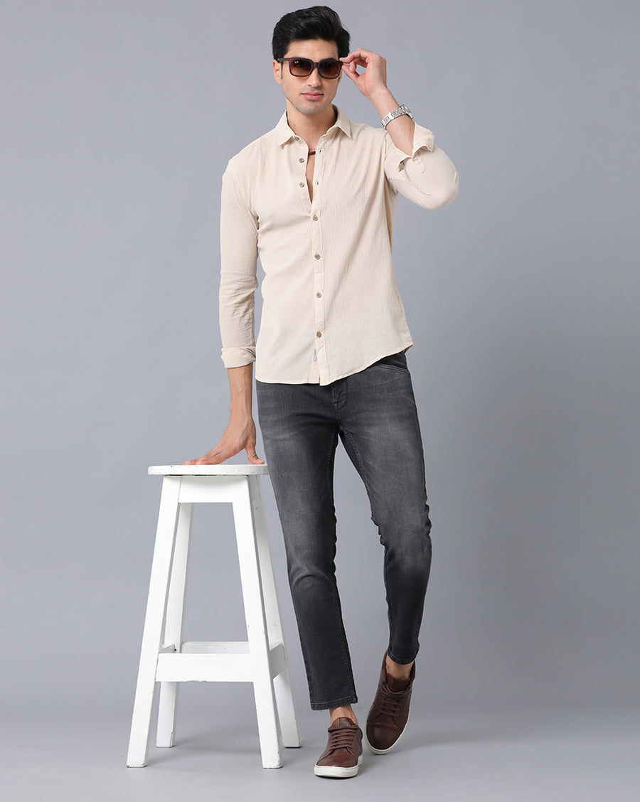 VOI Jeans Men's Solid Beige Cotton Slim Fit Casual Shirt