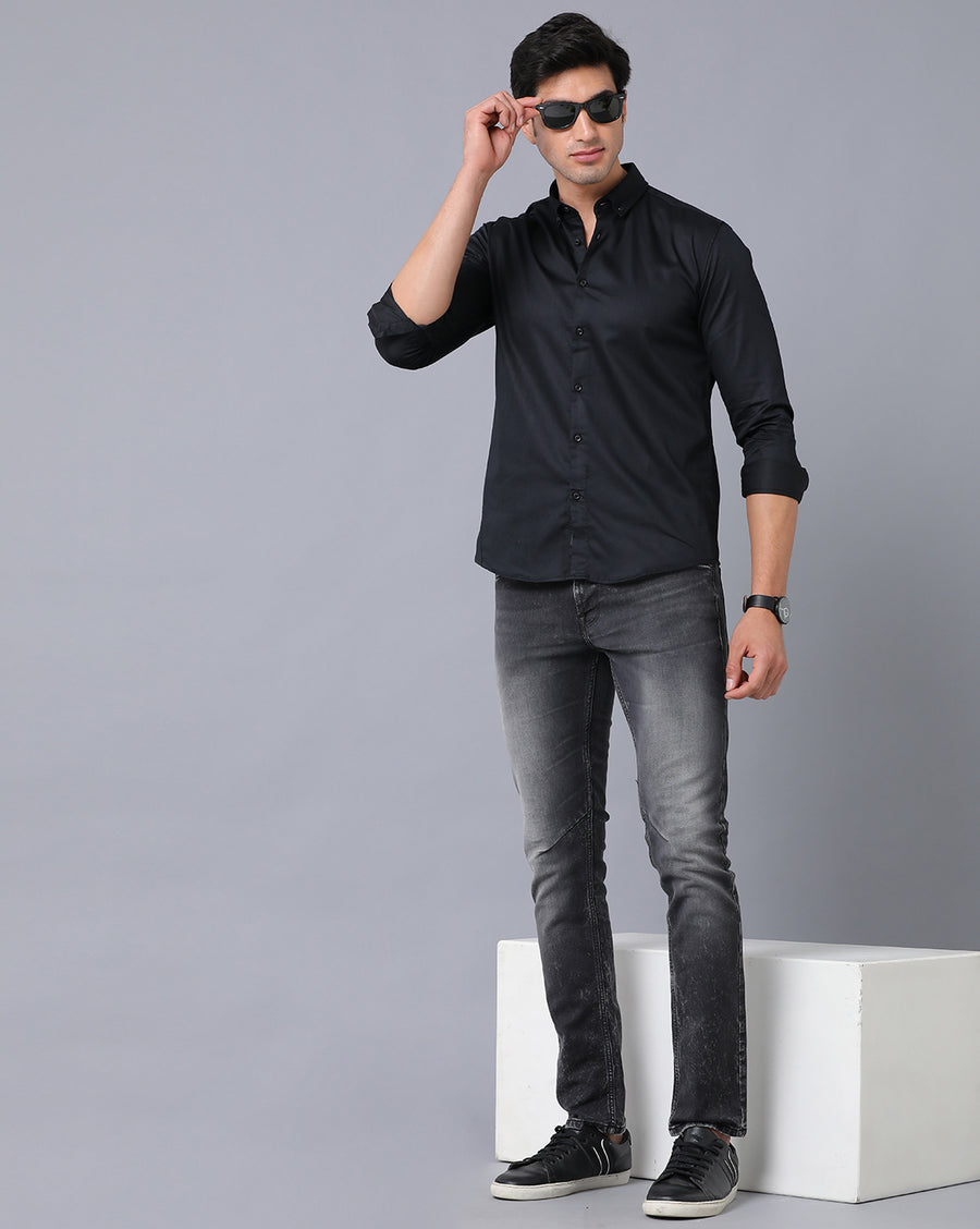 VOI Jeans Men's Solid Black Cotton Slim Fit Spread Collar Casual Shirt
