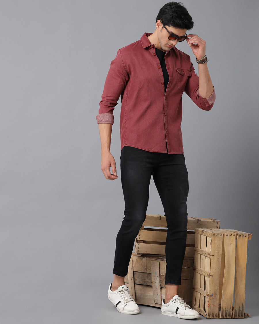 VOI Jeans Men's Solid Maroon Cotton Slim Fit Casual Shirt