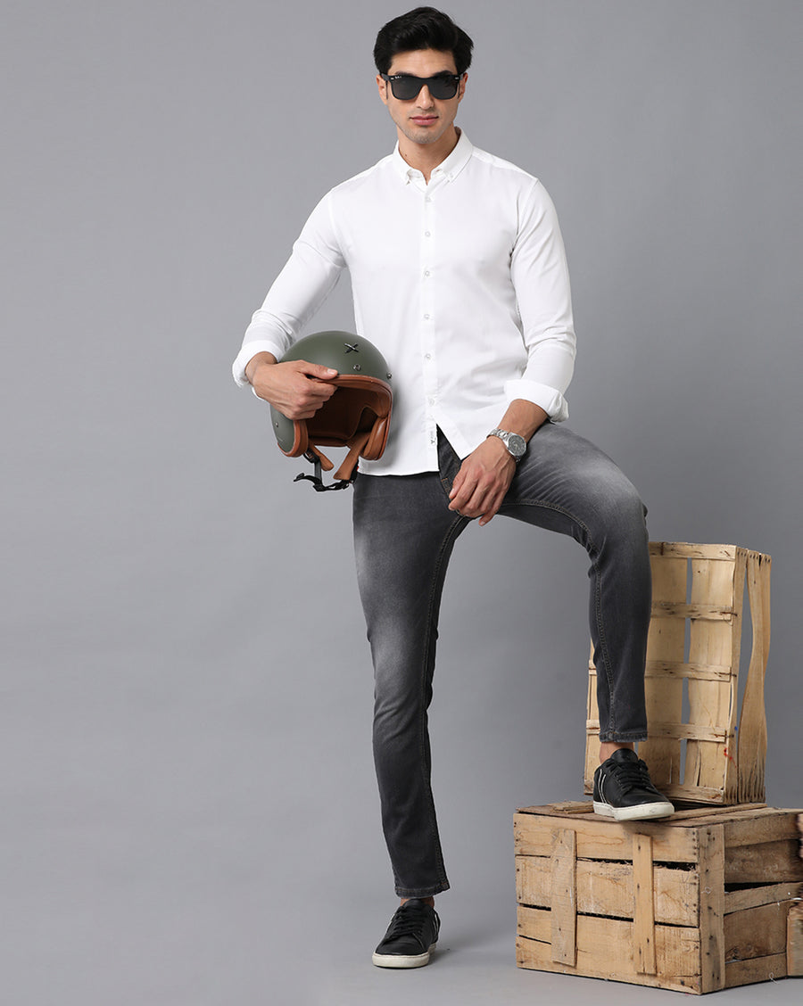 VOI Jeans Men's Solid White Cotton Slim Fit Spread Collar Casual Shirt