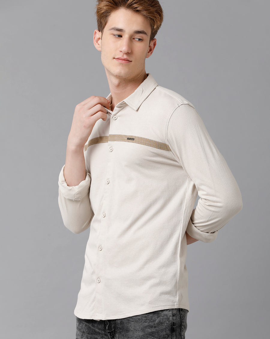 VOI Jeans Men's Solid Beige Cotton Slim Fit Knitt Shirt