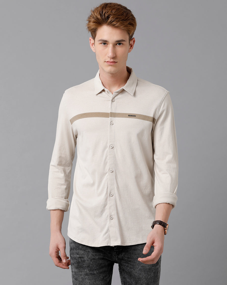 VOI Jeans Men's Solid Beige Cotton Slim Fit Knitt Shirt