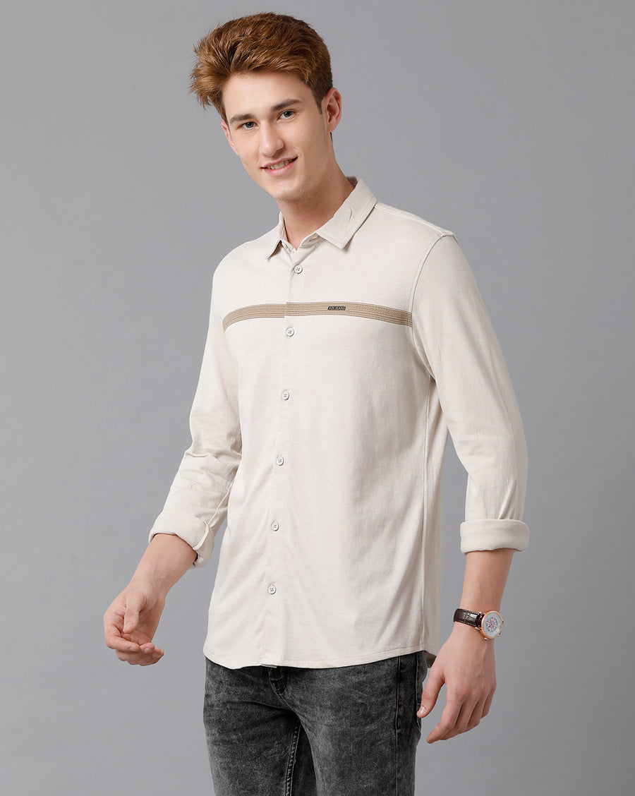 VOI Jeans Men's Solid Beige Cotton Slim Fit Knitt Shirt