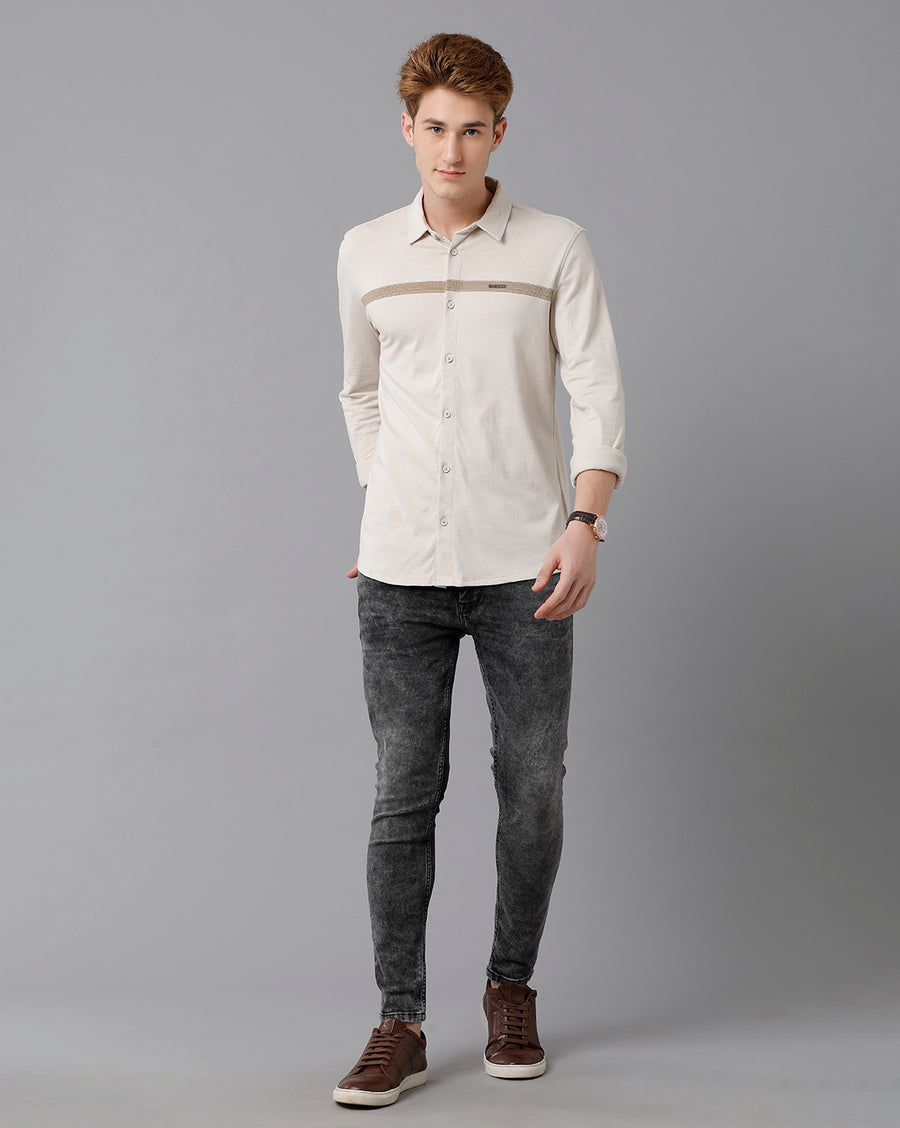 VOI Jeans Men's Solid Beige Cotton Slim Fit Knitt Shirt