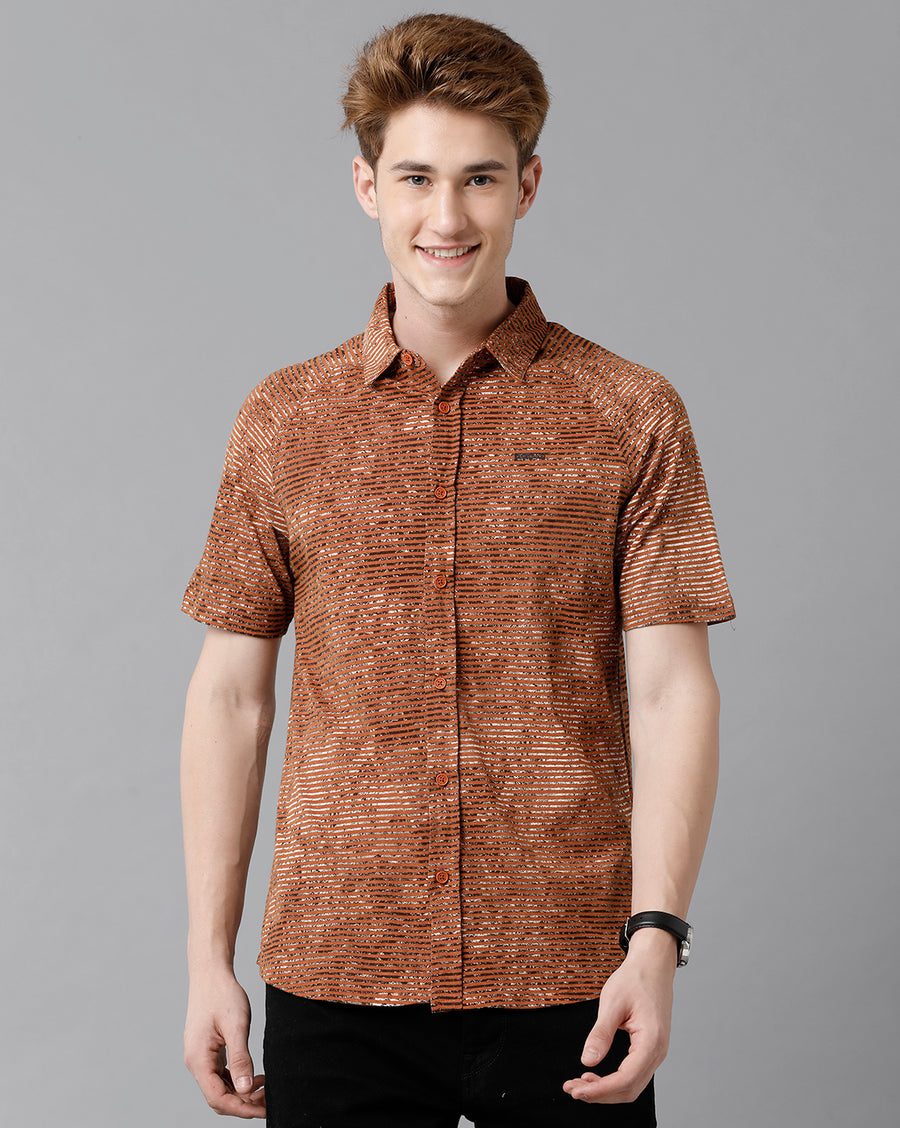 VOI Jeans Men's Printted Brown Slim Fit Knitt Shirt