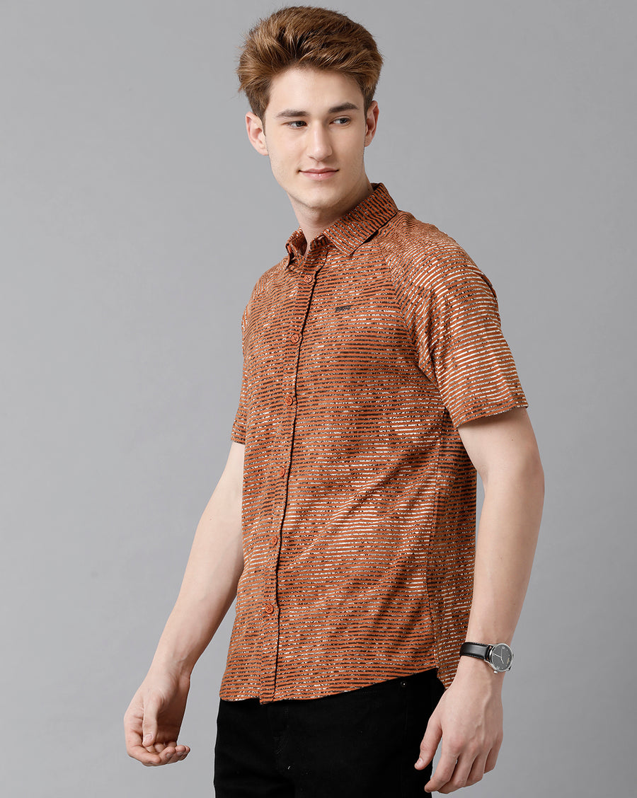 VOI Jeans Men's Printted Brown Slim Fit Knitt Shirt