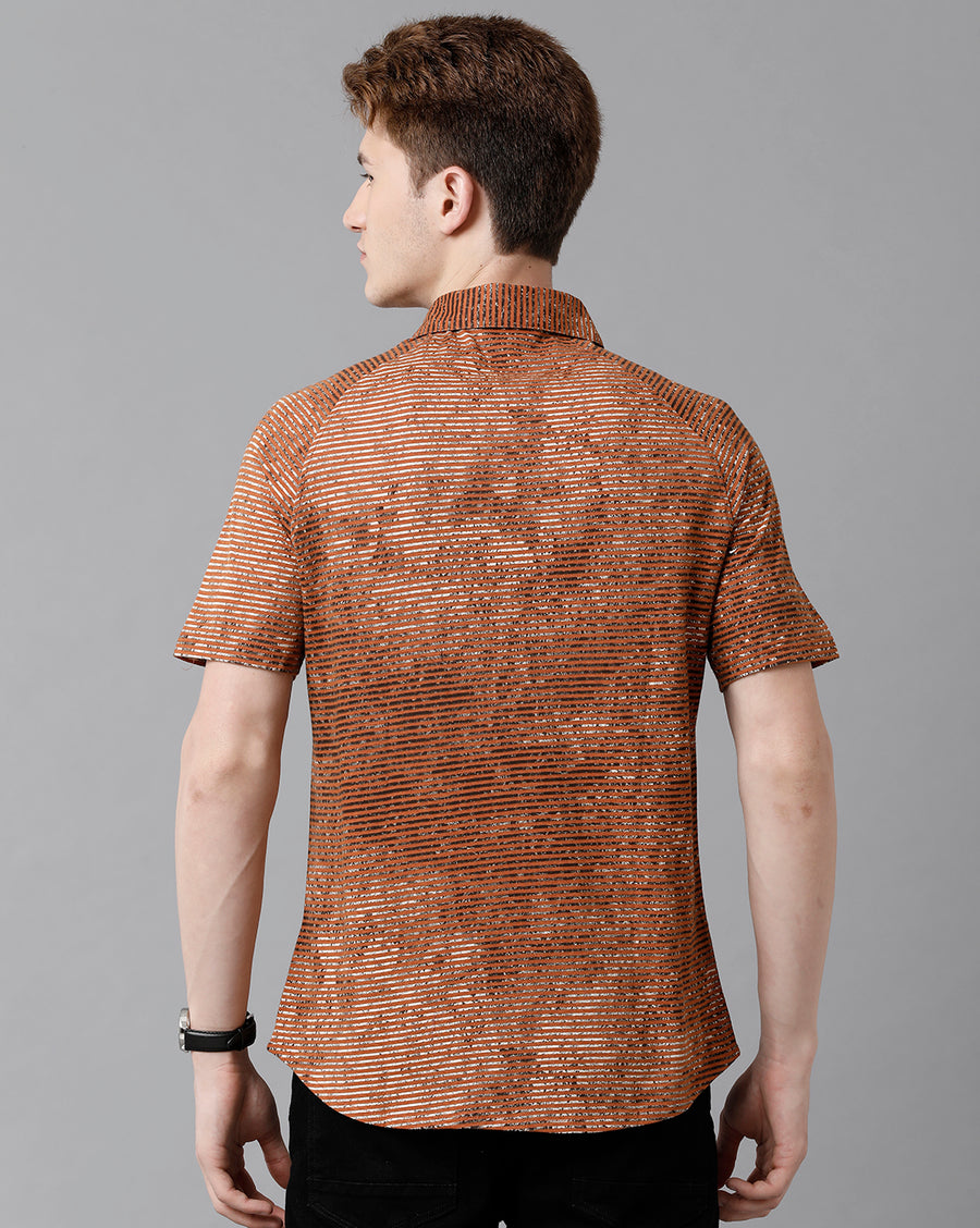 VOI Jeans Men's Printted Brown Slim Fit Knitt Shirt