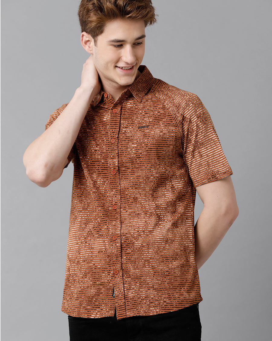 VOI Jeans Men's Printted Brown Slim Fit Knitt Shirt