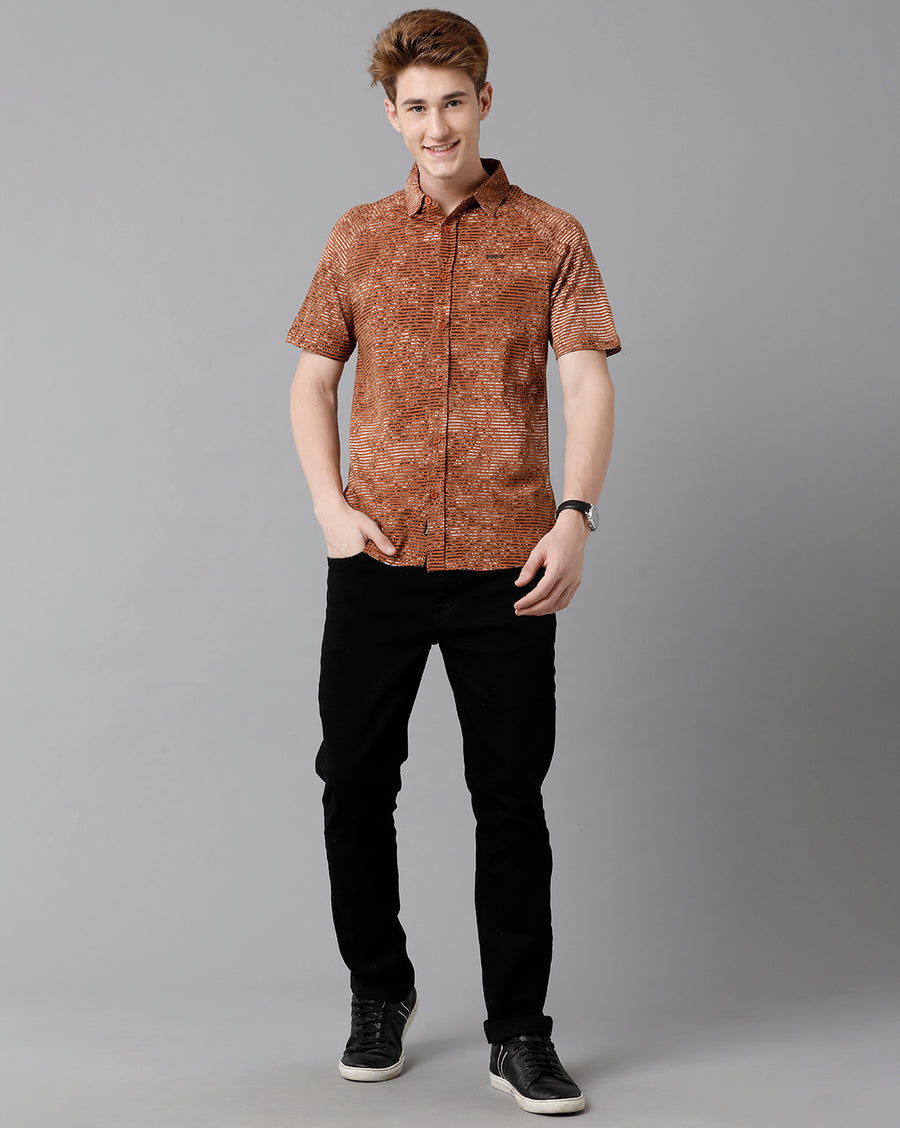 VOI Jeans Men's Printted Brown Slim Fit Knitt Shirt
