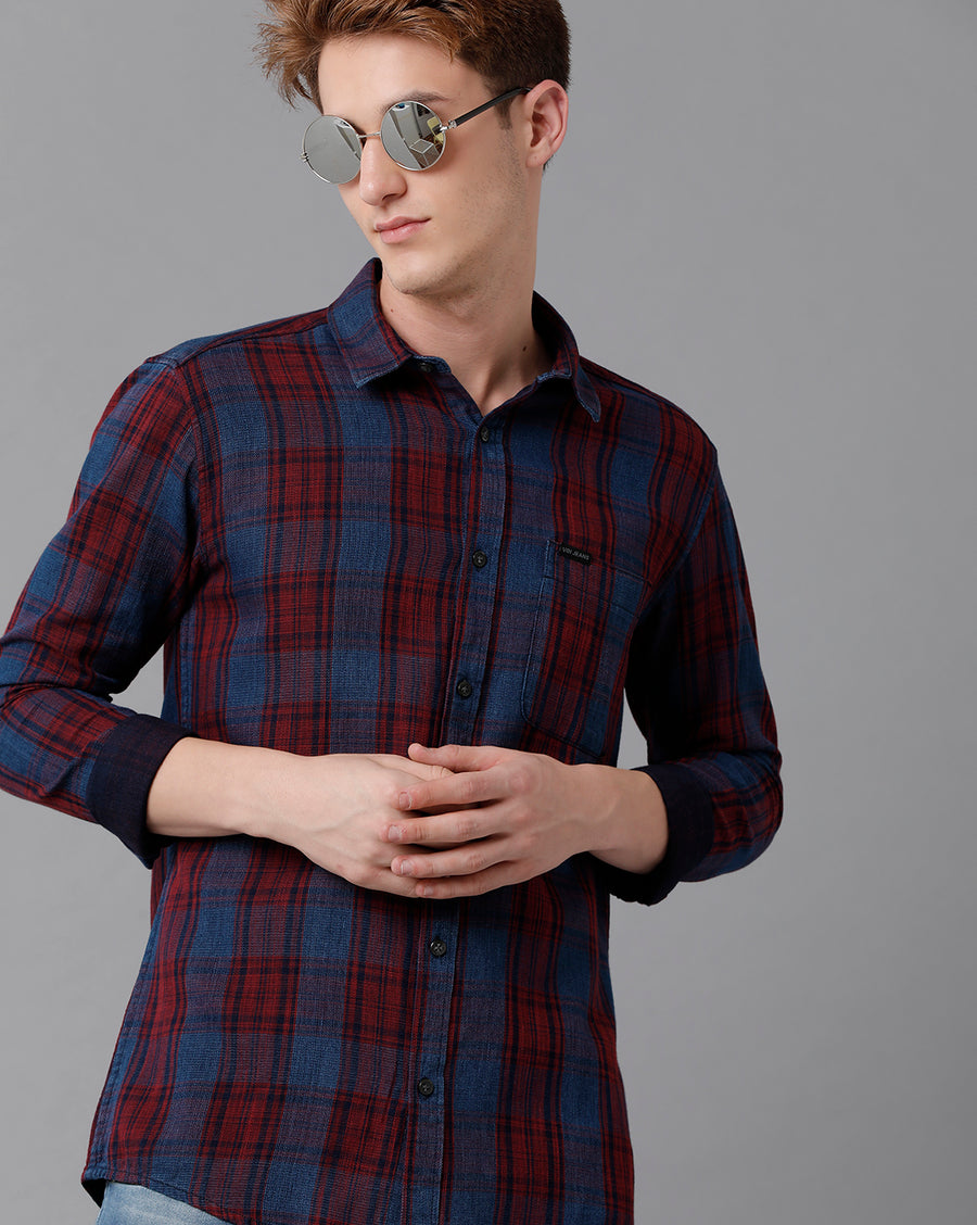 VOI Jeans Men's Indigo Red Checked Slim Fit Shirt