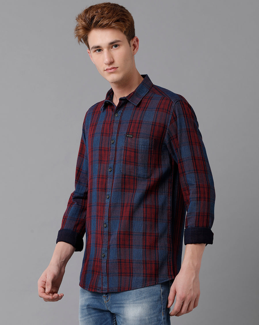 VOI Jeans Men's Indigo Red Checked Slim Fit Shirt