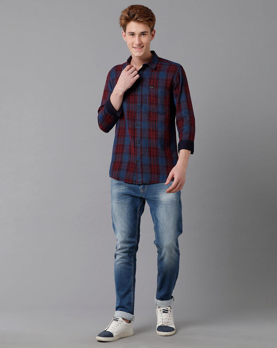 VOI Jeans Men's Indigo Red Checked Slim Fit Shirt