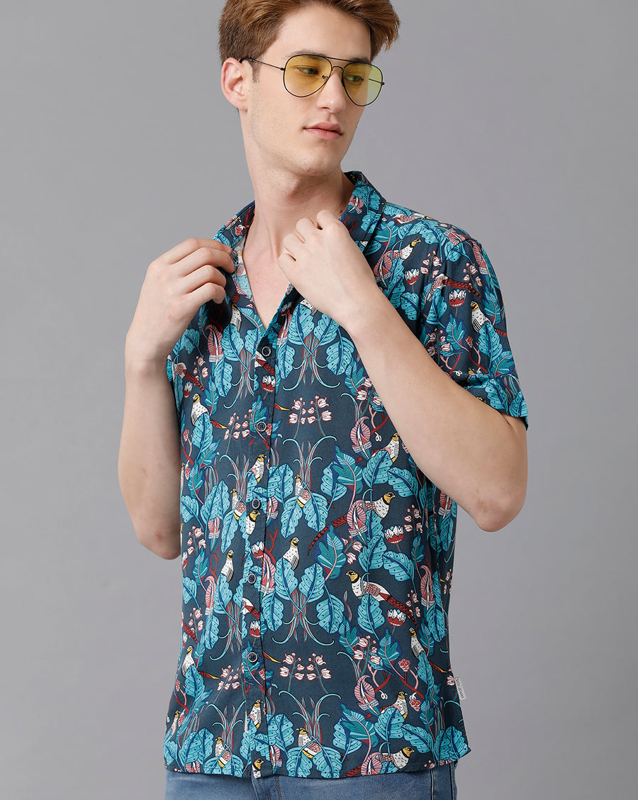 VOI Jeans Men's Printted Blue Slim Fit Shirt