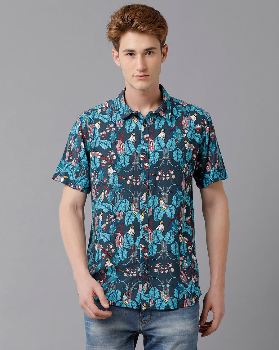 VOI Jeans Men's Printted Blue Slim Fit Shirt