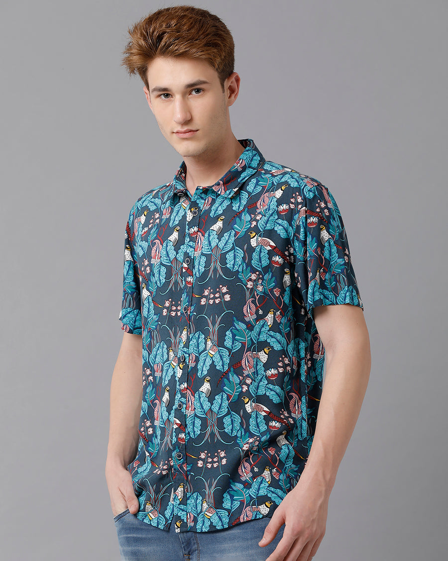VOI Jeans Men's Printted Blue Slim Fit Shirt