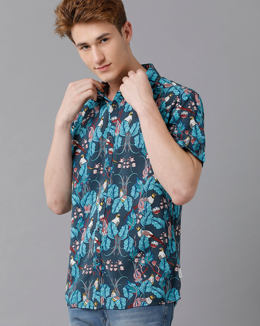 VOI Jeans Men's Printted Blue Slim Fit Shirt
