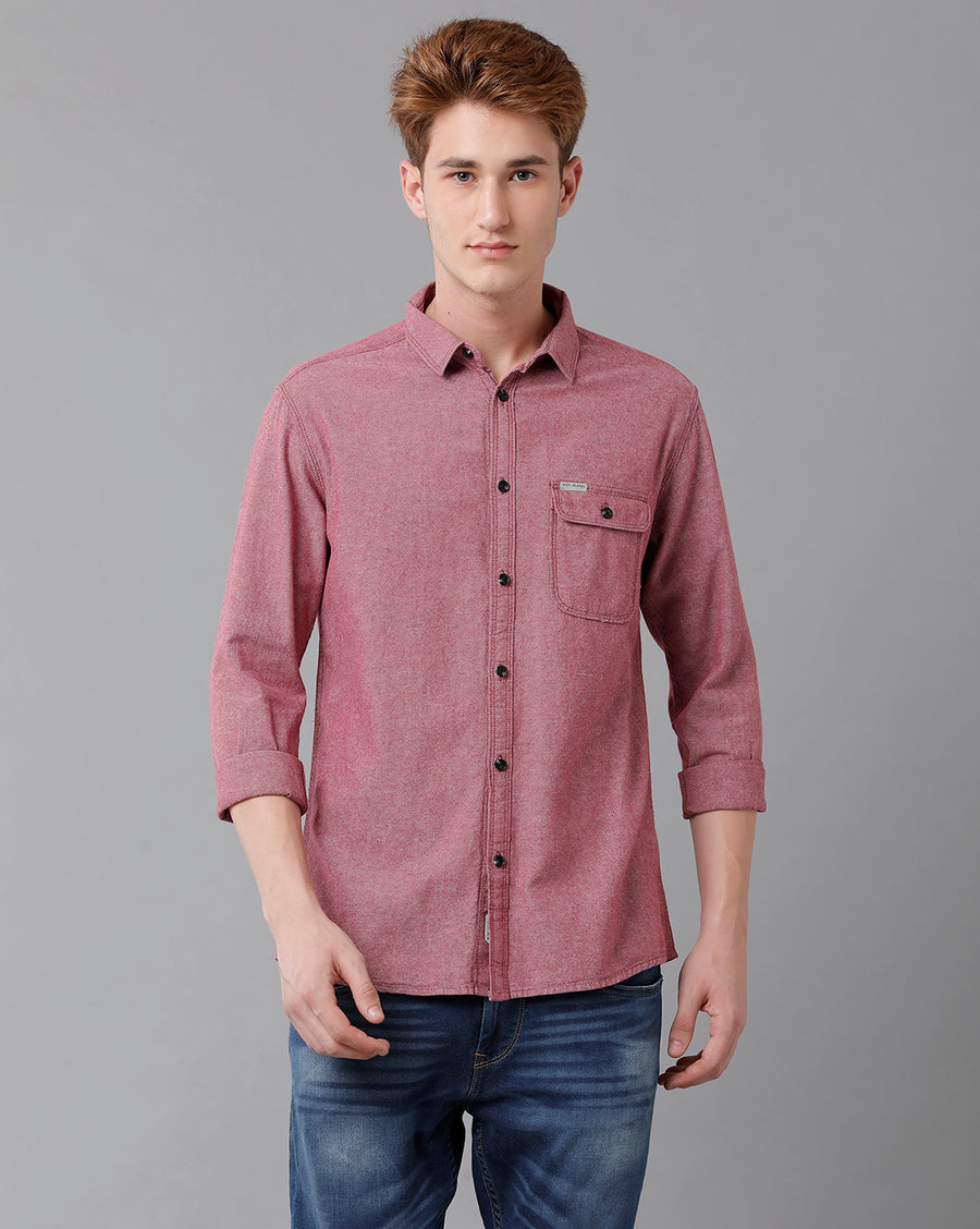 VOI Jeans Men's Solid Red Slim Fit Shirt