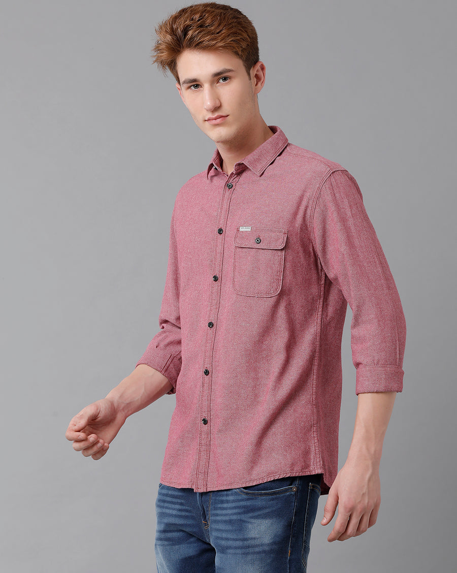 VOI Jeans Men's Solid Red Slim Fit Shirt