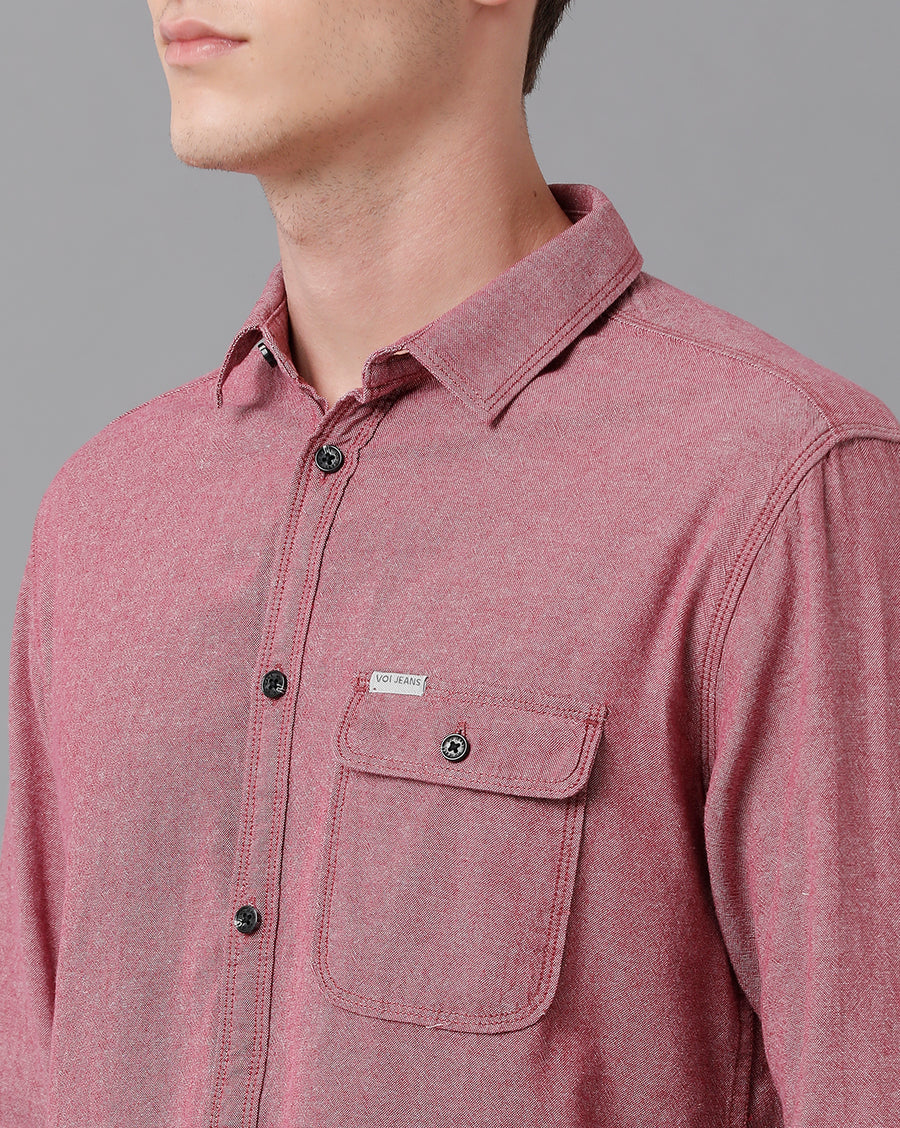 VOI Jeans Men's Solid Red Slim Fit Shirt