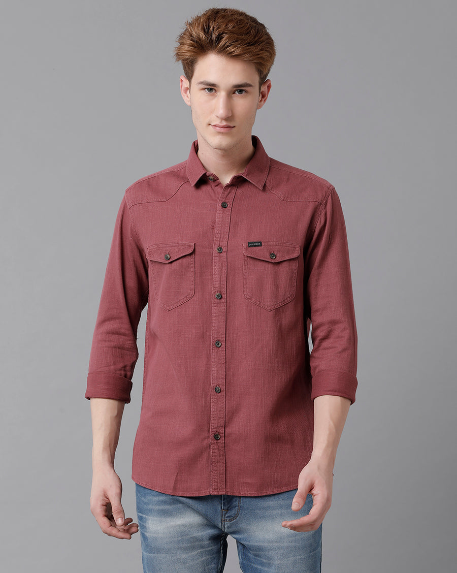 VOI Jeans Men's Solid Red Slim Fit Shirt