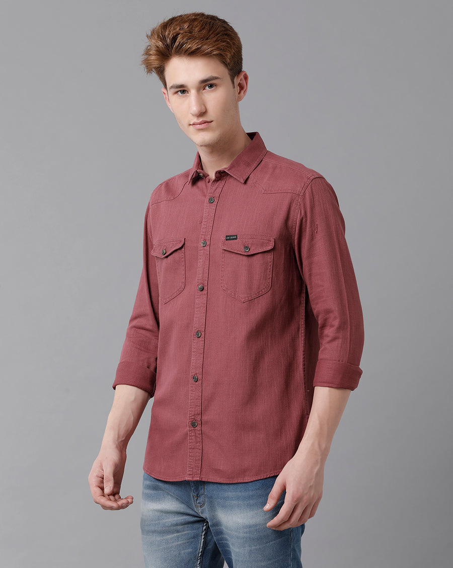VOI Jeans Men's Solid Red Slim Fit Shirt