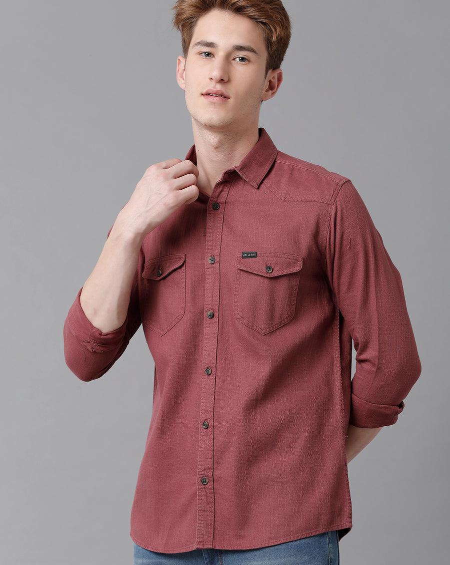 VOI Jeans Men's Solid Red Slim Fit Shirt