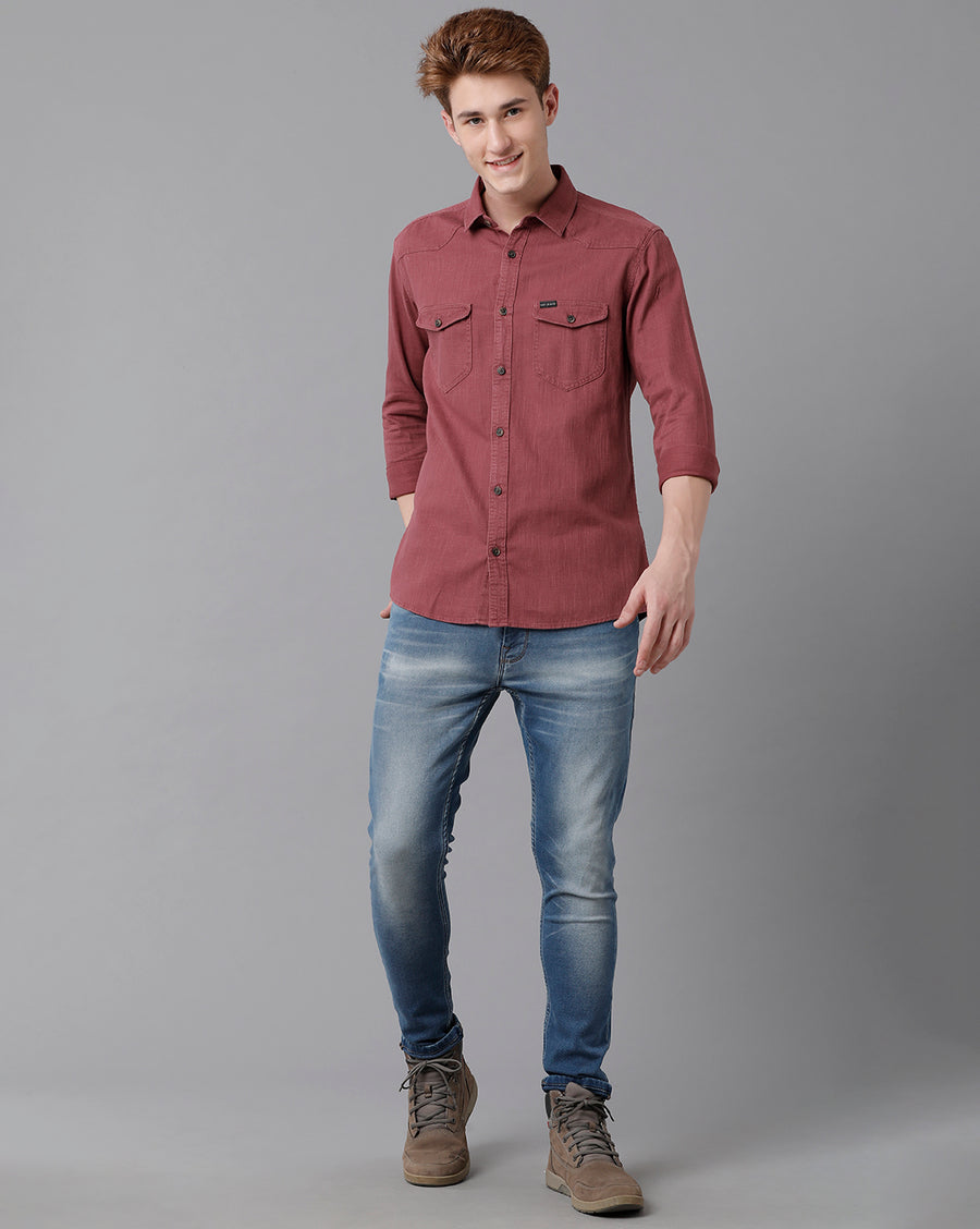 VOI Jeans Men's Solid Red Slim Fit Shirt