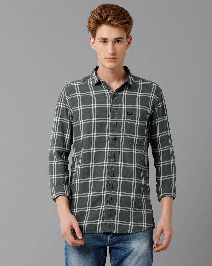 VOI Jeans Men's Green Checked Slim Fit Shirt