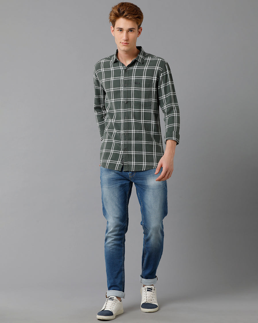 VOI Jeans Men's Green Checked Slim Fit Shirt