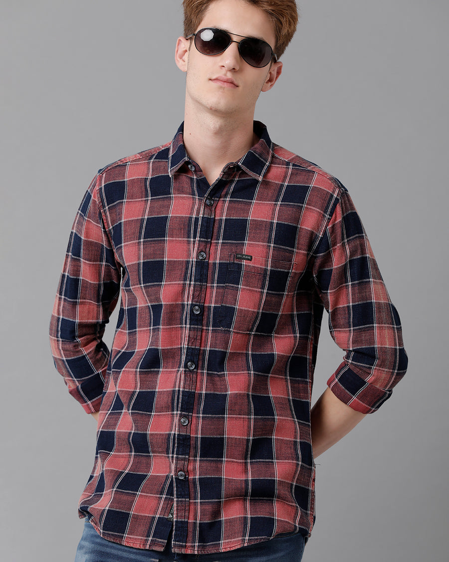 VOI Jeans Men's Red Indigo Checked Slim Fit Shirt