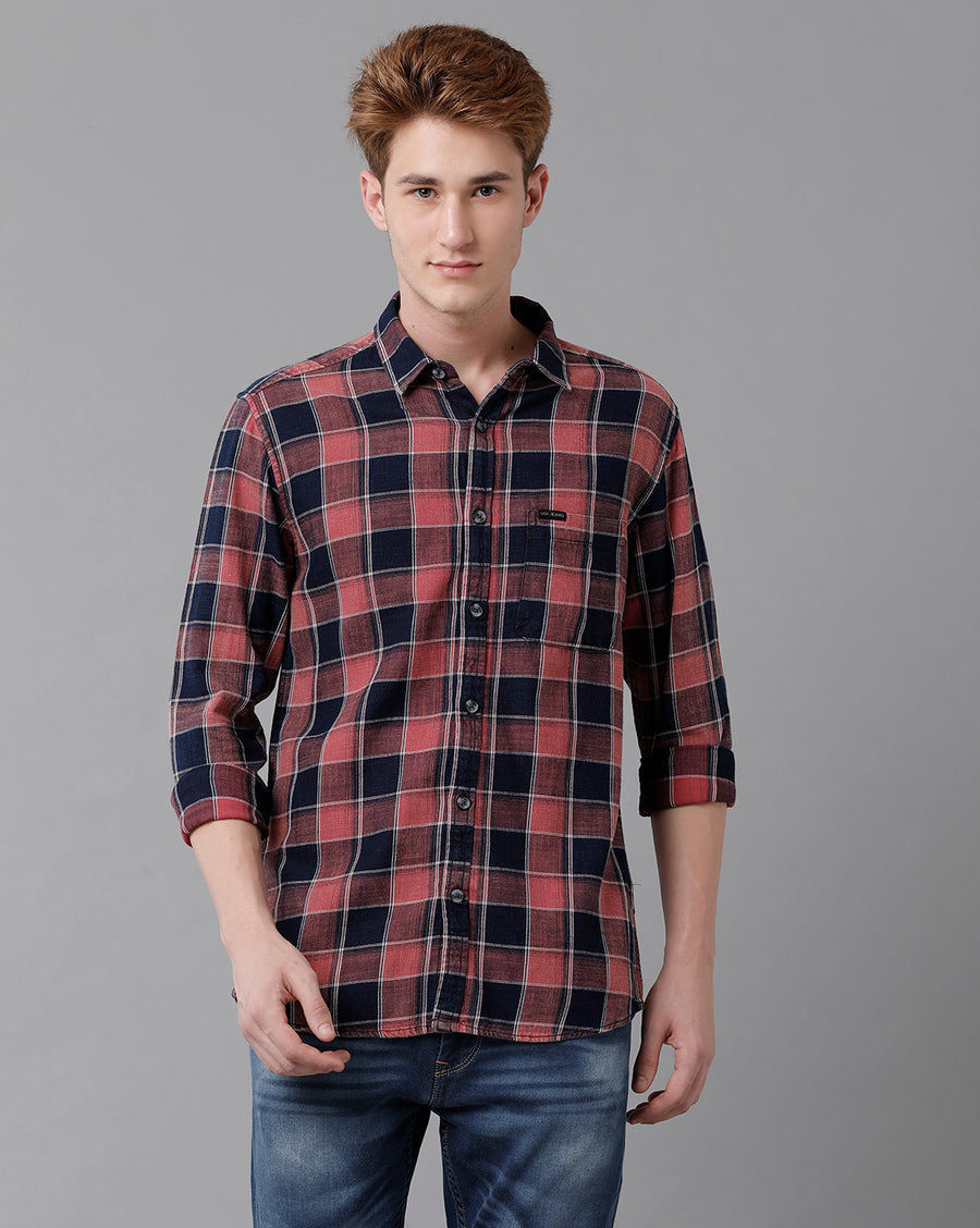 VOI Jeans Men's Red Indigo Checked Slim Fit Shirt