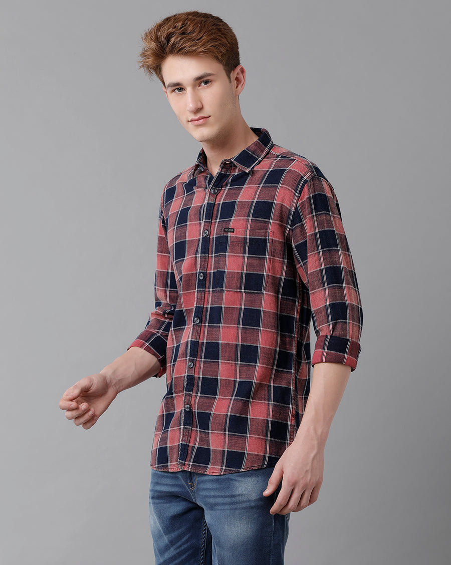 VOI Jeans Men's Red Indigo Checked Slim Fit Shirt