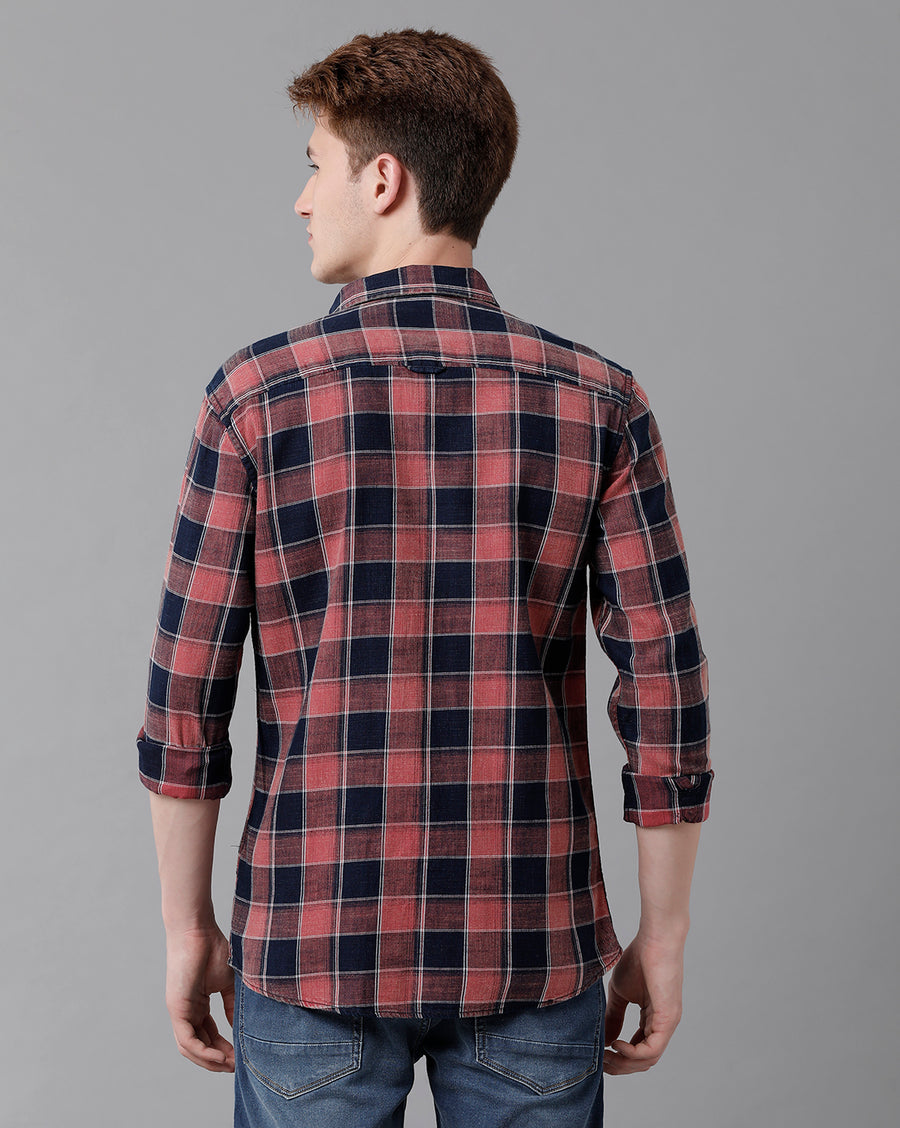 VOI Jeans Men's Red Indigo Checked Slim Fit Shirt