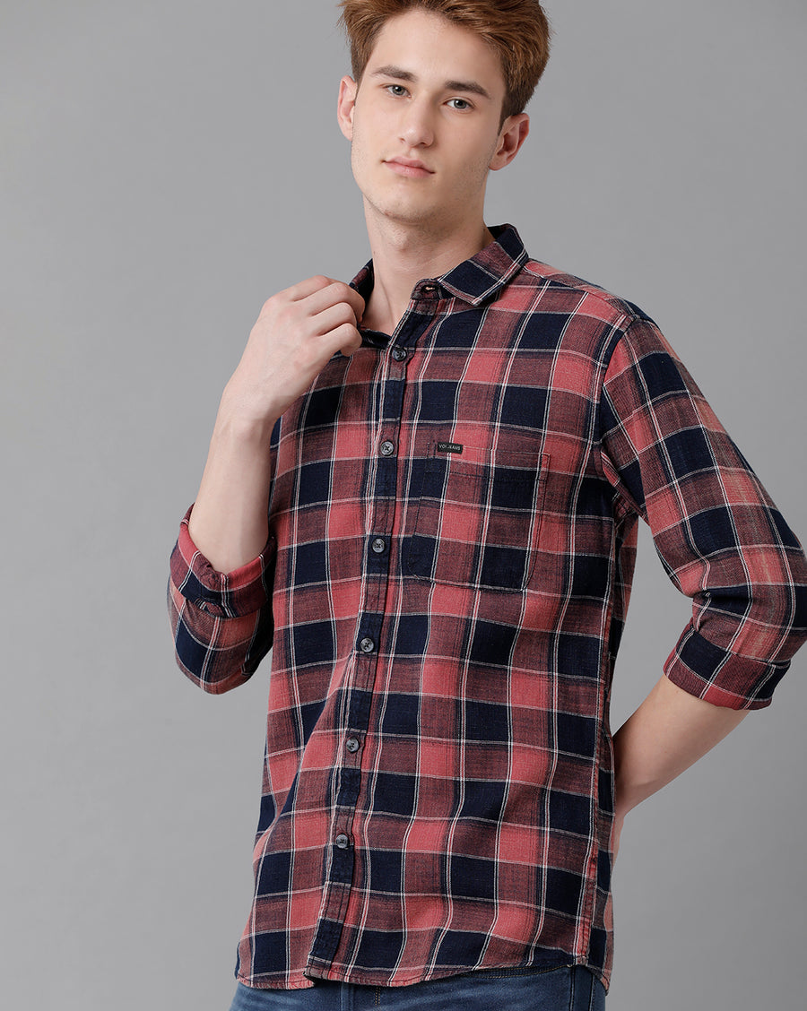 VOI Jeans Men's Red Indigo Checked Slim Fit Shirt