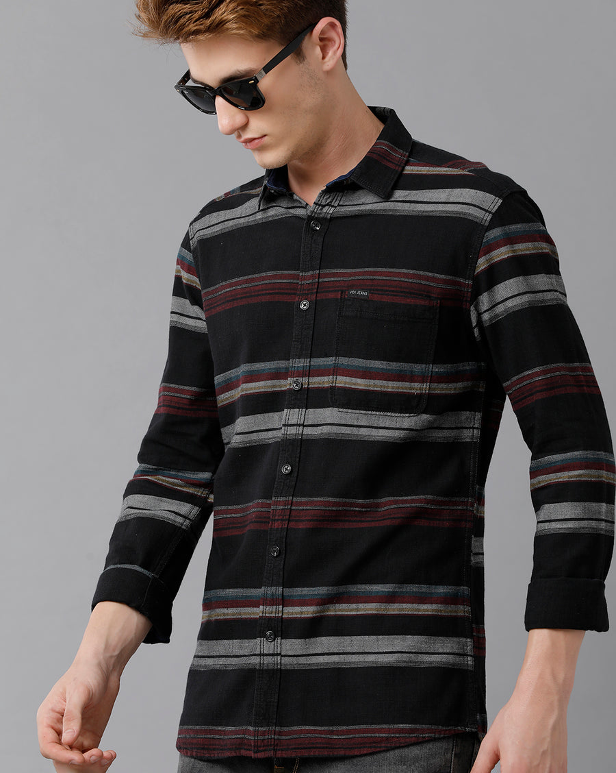 VOI Jeans Men's Black Indigo Striped  Slim Fit Shirt