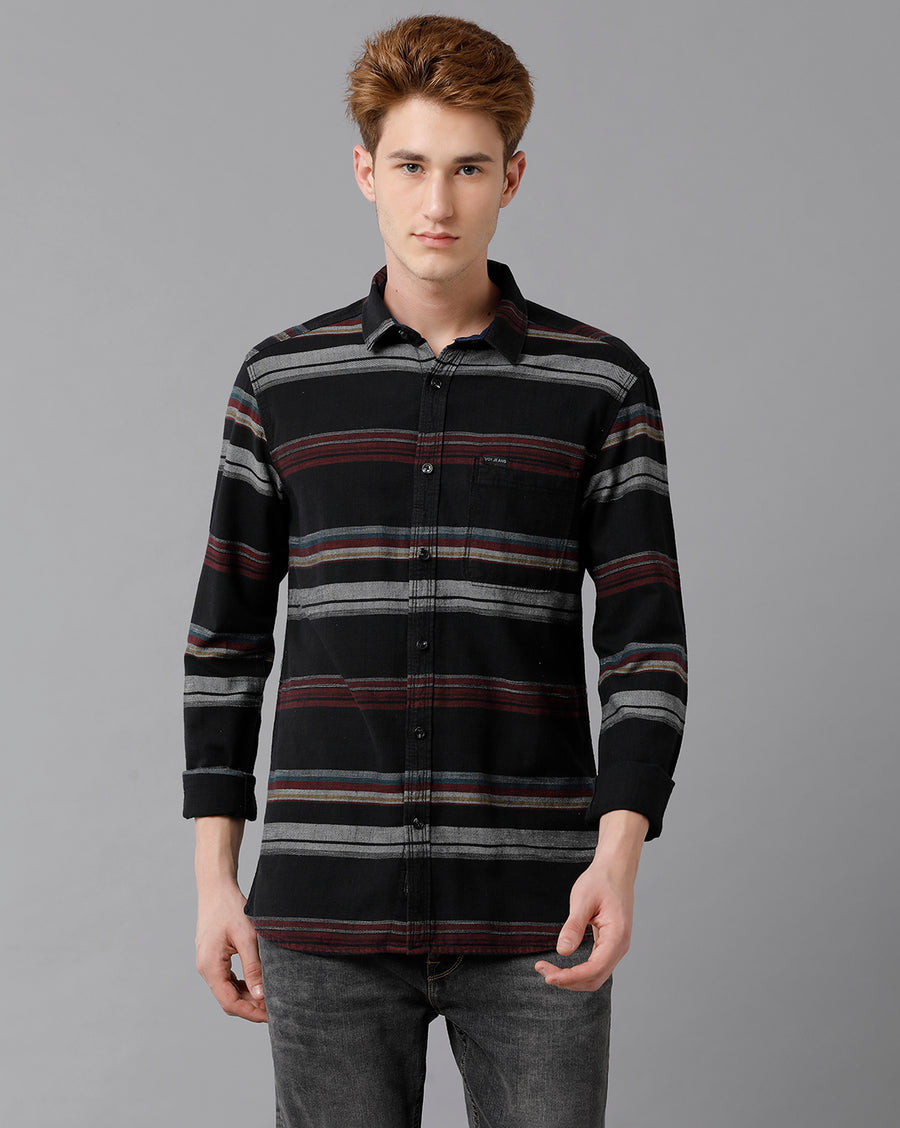 VOI Jeans Men's Black Indigo Striped  Slim Fit Shirt