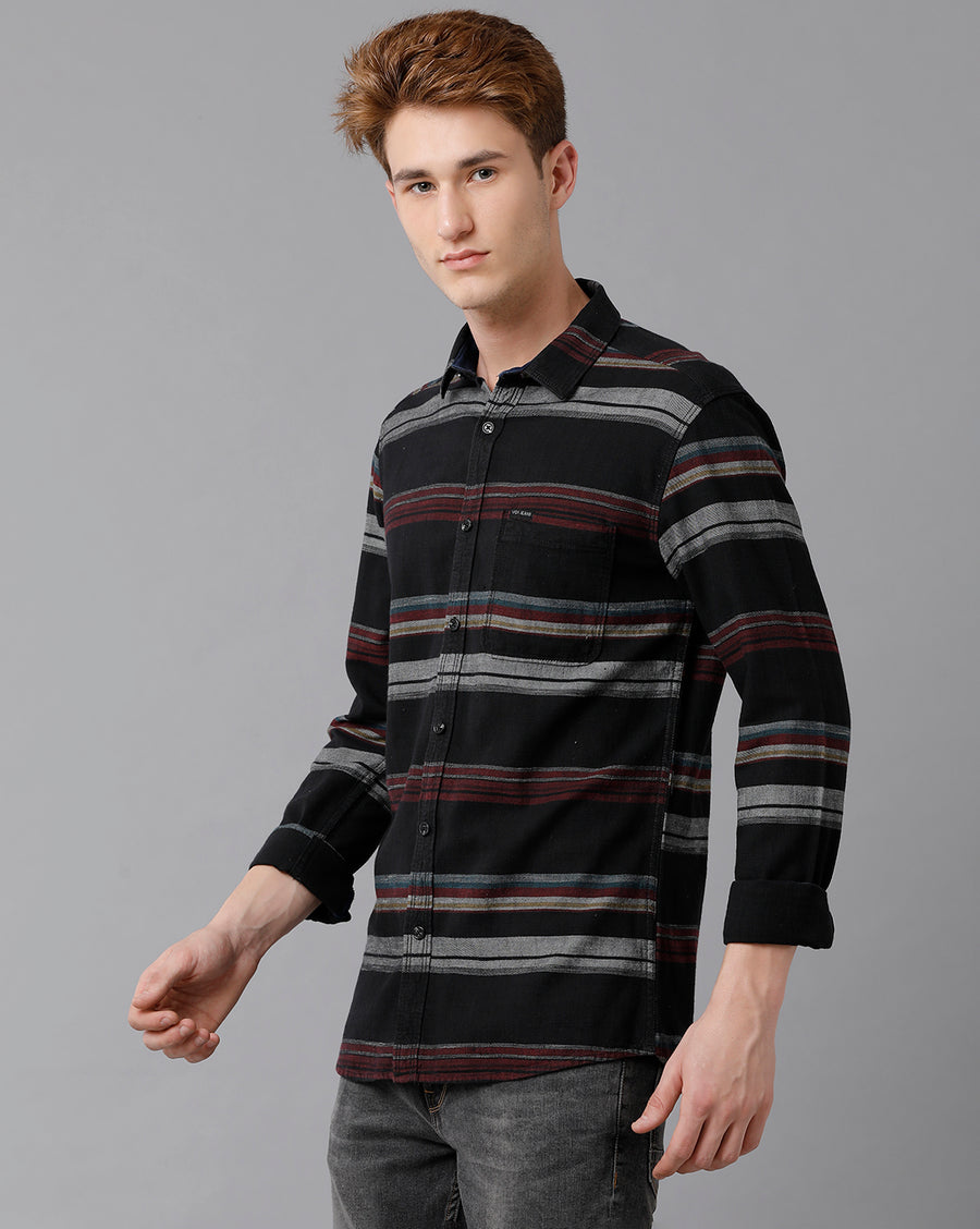 VOI Jeans Men's Black Indigo Striped  Slim Fit Shirt