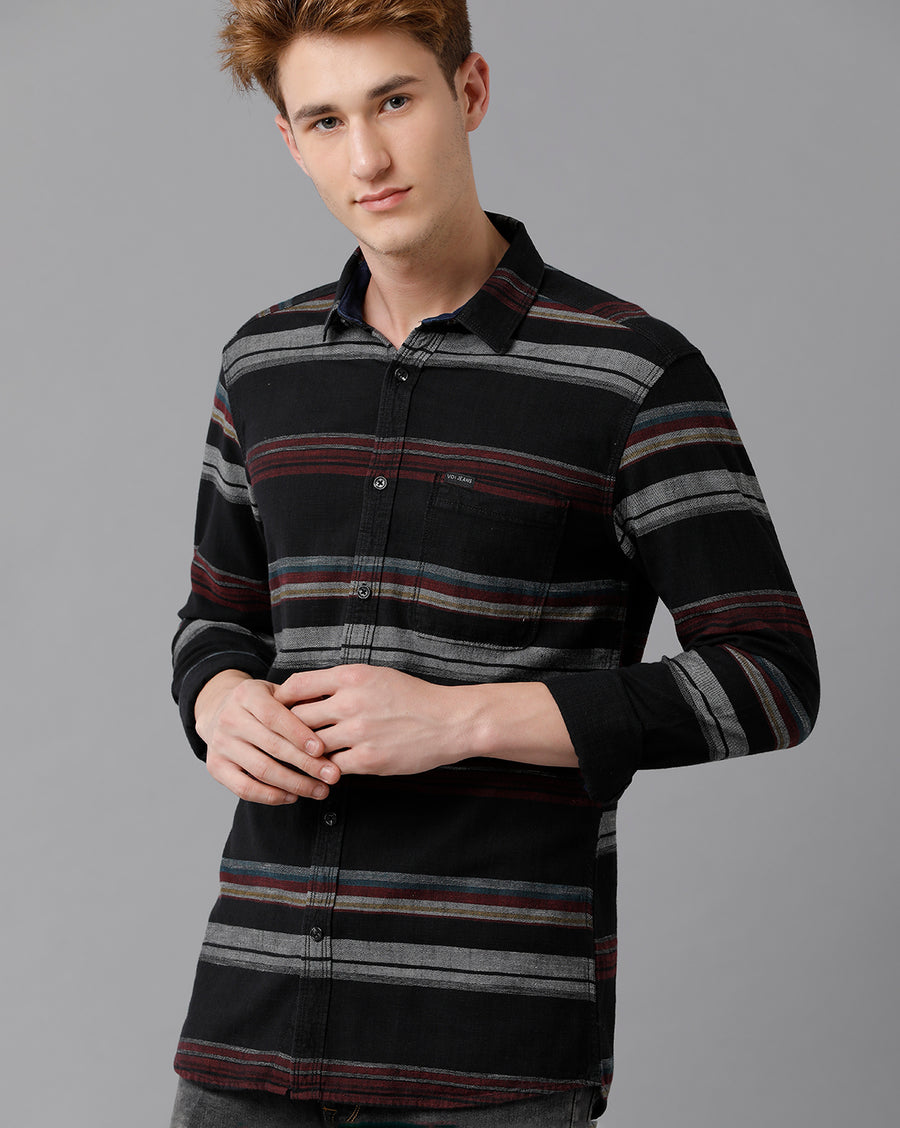 VOI Jeans Men's Black Indigo Striped  Slim Fit Shirt