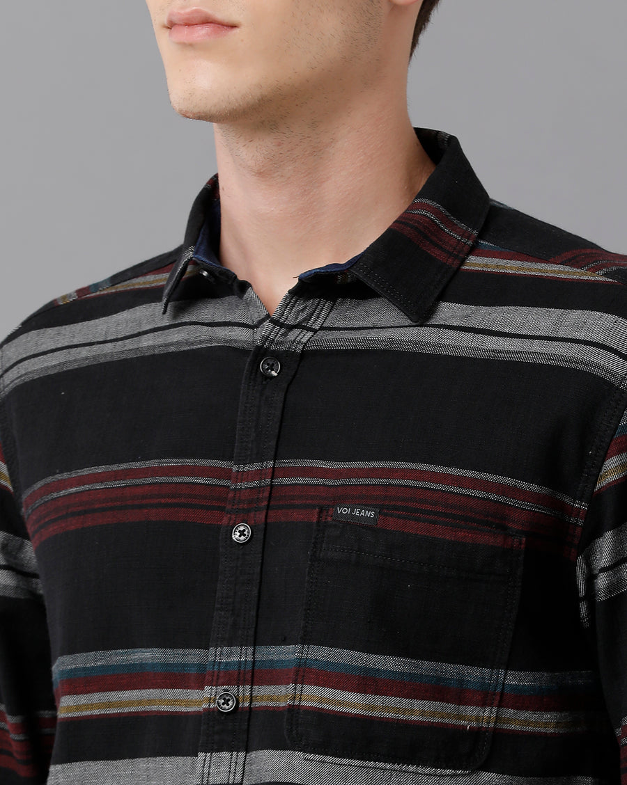 VOI Jeans Men's Black Indigo Striped  Slim Fit Shirt