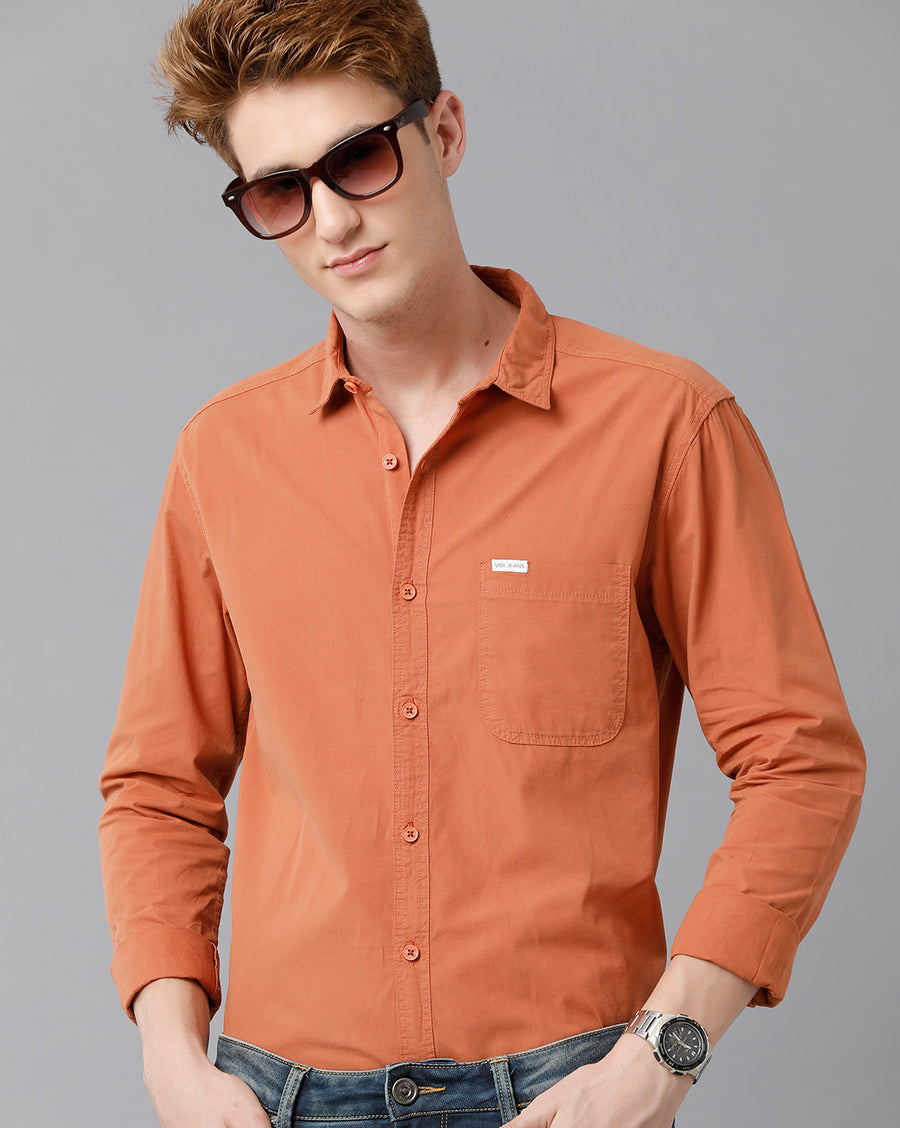 VOI Jeans Men's Solid Rust Cotton Slim Fit Shirt