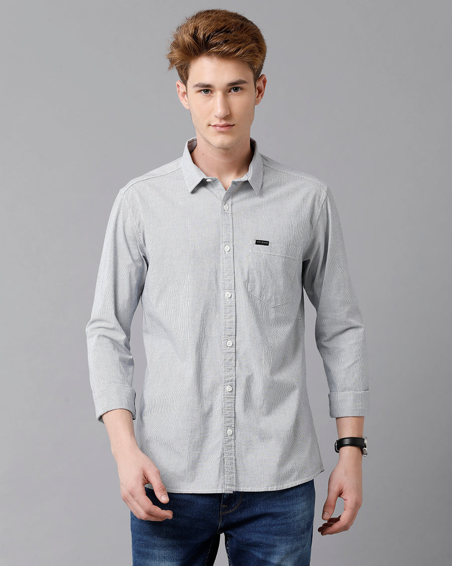 VOI Jeans Men's White navy Stripes Cotton Blended Slim Fit Shirt
