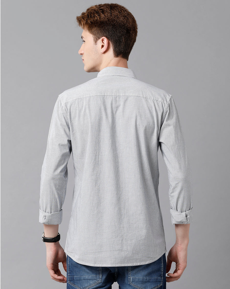 VOI Jeans Men's White navy Stripes Cotton Blended Slim Fit Shirt